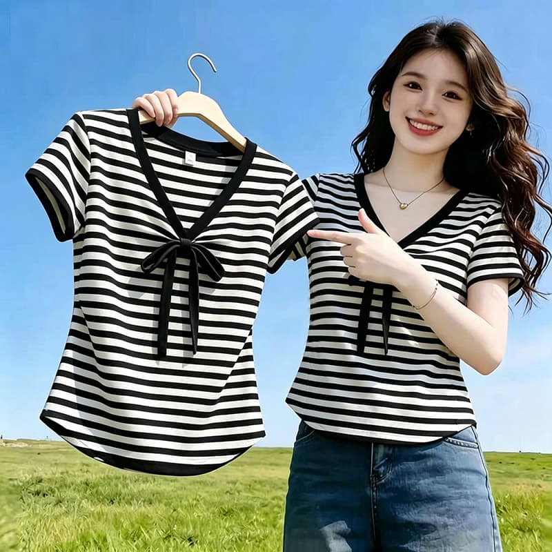 프랑스식 순수한 욕망 바람 배색 스트라이프 나비 넥타이 반팔 티셔츠 여성 여름 새로운 품격 연령 감소 맨위 트렌디 상세 이미지 4