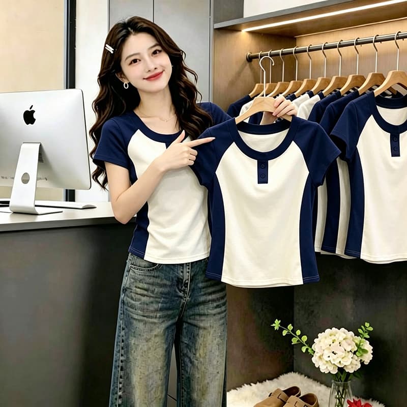 폭발 여성 의류 반팔 라운드 넥 티셔츠 2026 여름 새로운 패션 몸매 가꾸기 슬림해 보이는 배색
