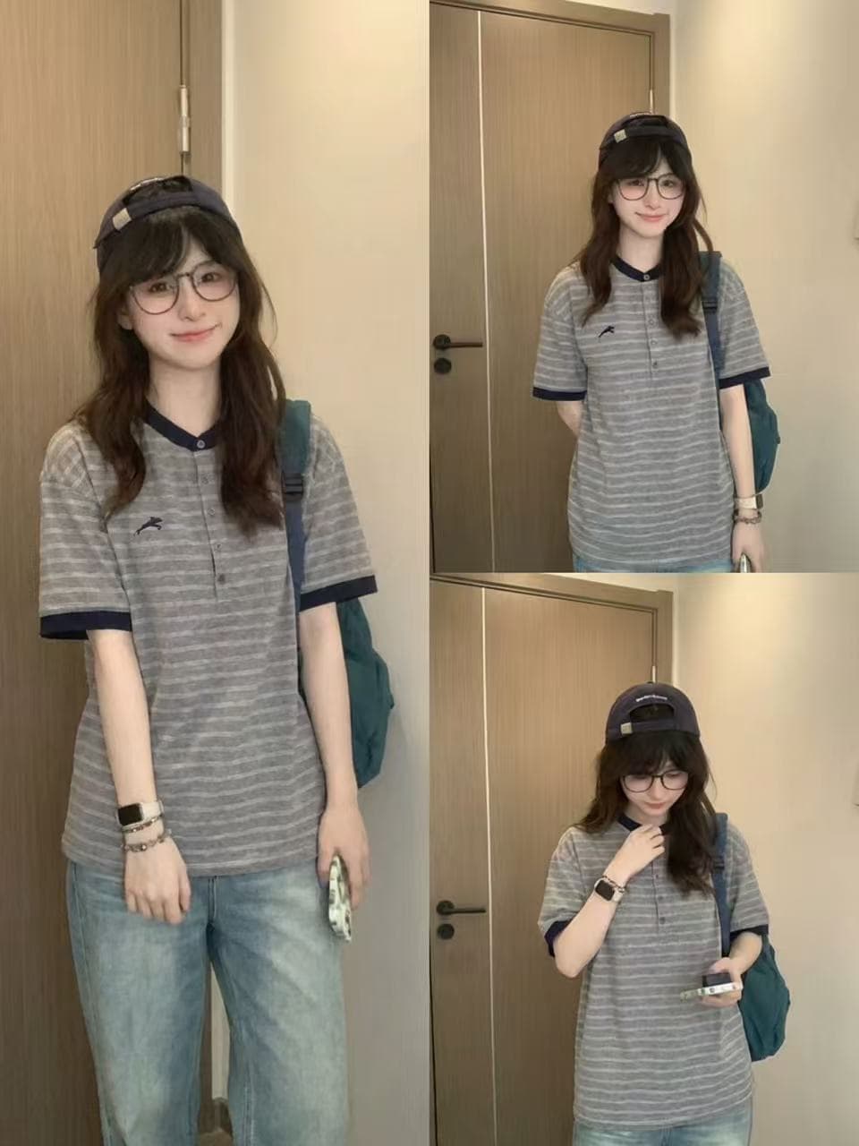 헨리 칼라 뒤집다 소매 스트라이프 반팔 티셔츠 여성 여름 아메리칸 레트로 루즈핏 캐주얼 다용도 맨위 이미지 4