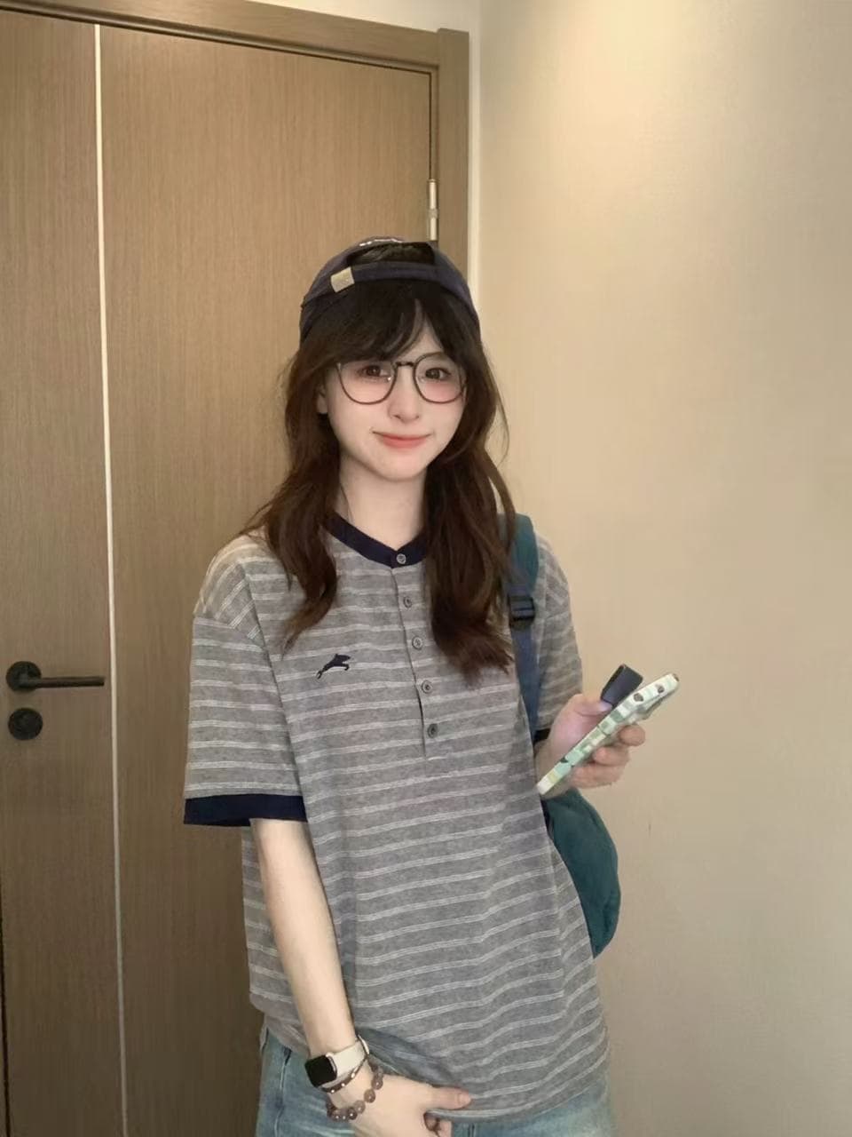 헨리 칼라 뒤집다 소매 스트라이프 반팔 티셔츠 여성 여름 아메리칸 레트로 루즈핏 캐주얼 다용도 맨위 이미지 2