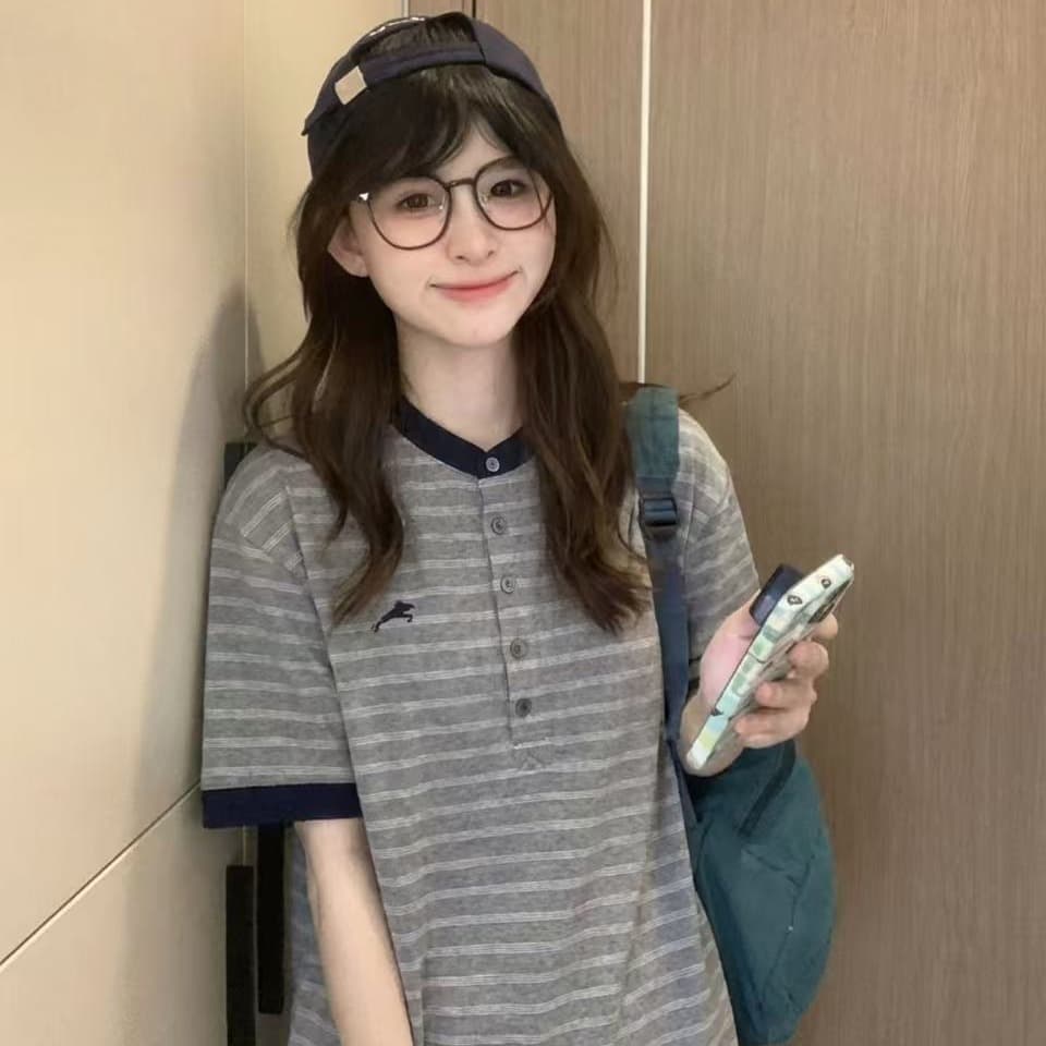 헨리 칼라 뒤집다 소매 스트라이프 반팔 티셔츠 여성 여름 아메리칸 레트로 루즈핏 캐주얼 다용도 맨위 이미지 5