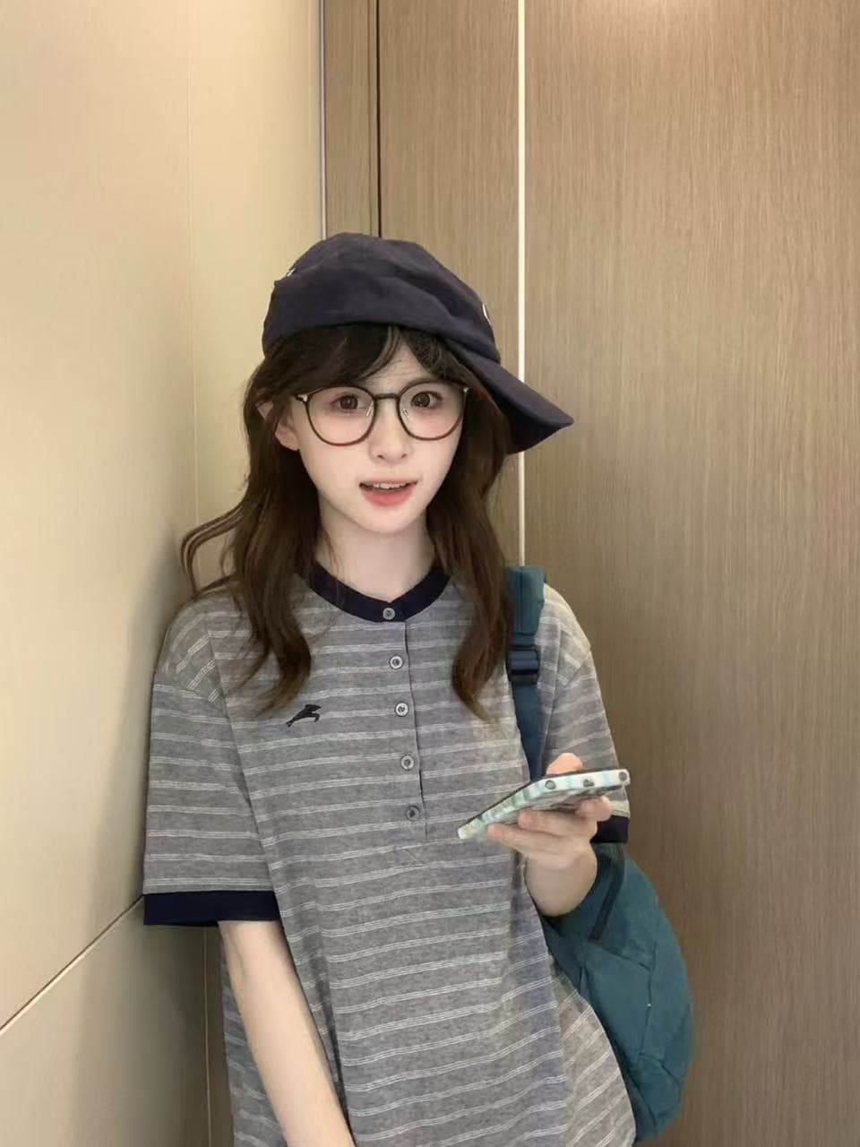 헨리 칼라 뒤집다 소매 스트라이프 반팔 티셔츠 여성 여름 아메리칸 레트로 루즈핏 캐주얼 다용도 맨위 상세 이미지 2