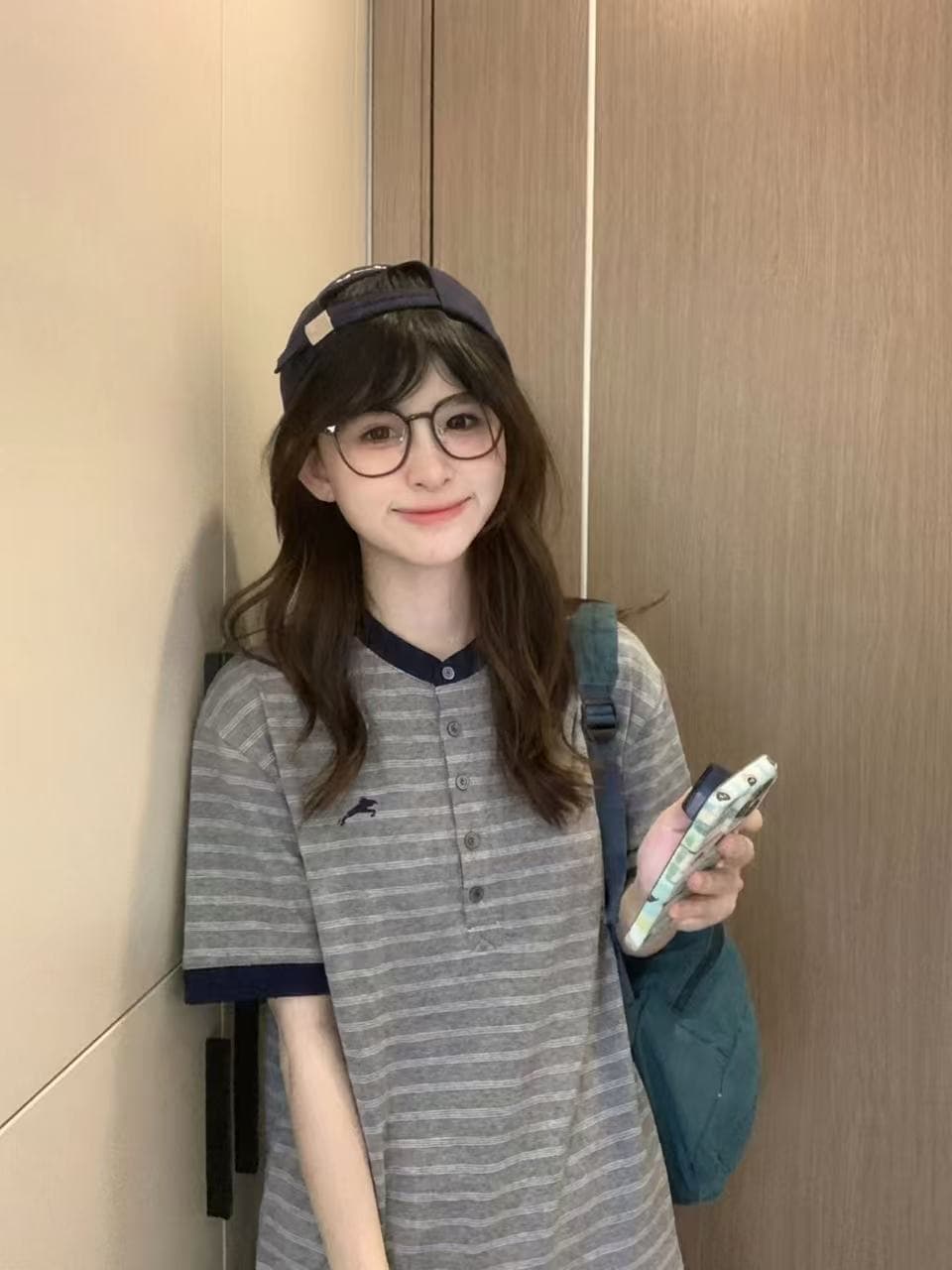 헨리 칼라 뒤집다 소매 스트라이프 반팔 티셔츠 여성 여름 아메리칸 레트로 루즈핏 캐주얼 다용도 맨위 상세 이미지 5