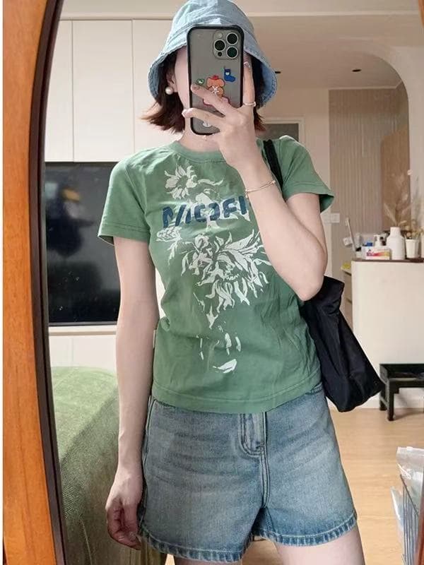 아메리칸 레트로 꽃무늬 프린트 긍정적 인 어깨 반팔 티셔츠 여성 여름 루즈핏 슬림해 보이는 디자인 센스 다용도 작은 대중 맨위