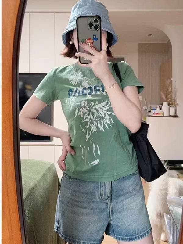 아메리칸 레트로 꽃무늬 프린트 긍정적 인 어깨 반팔 티셔츠 여성 여름 루즈핏 슬림해 보이는 디자인 센스 다용도 작은 대중 맨위 이미지 4