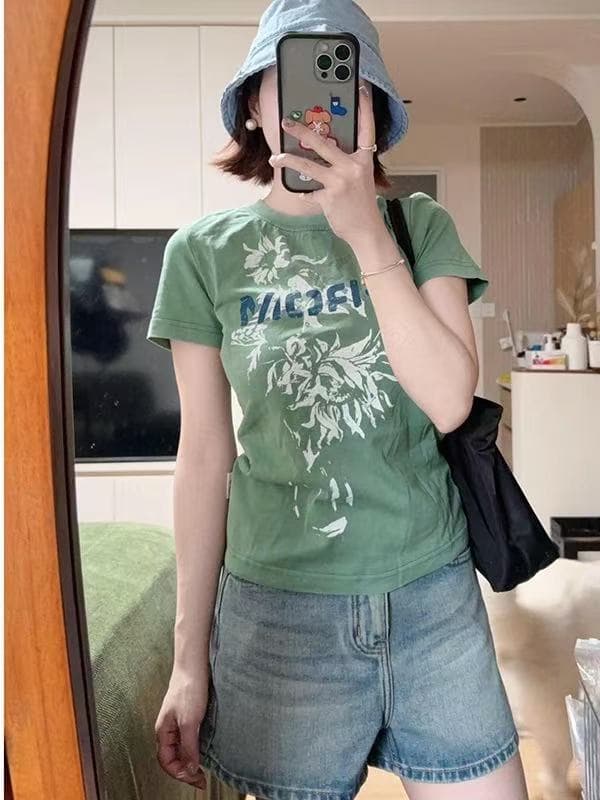 아메리칸 레트로 꽃무늬 프린트 긍정적 인 어깨 반팔 티셔츠 여성 여름 루즈핏 슬림해 보이는 디자인 센스 다용도 작은 대중 맨위 상세 이미지 2