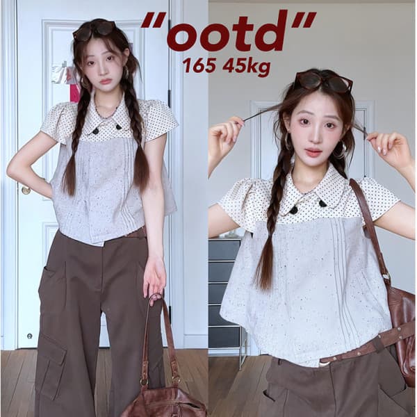 한 부서 소녀 센스 도트 무늬 베이비 칼라 여성 셔츠 여름 디자인 센스 플리츠 패치워크 색상 달콤함 쇼트 스타일 맨위 셔츠