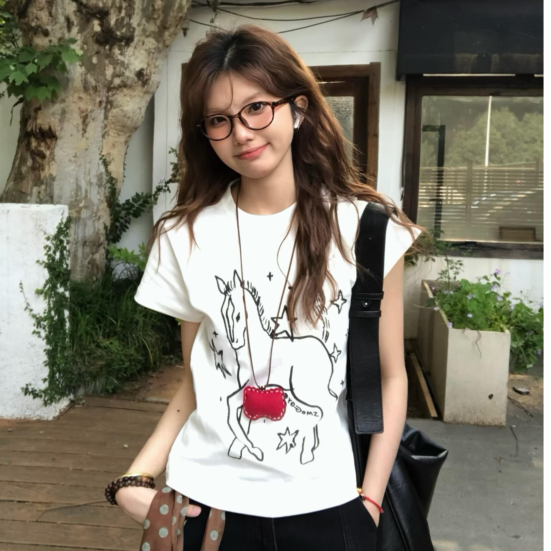 한 부서 달콤한 스타일 별 작은 말 프린트 몸매 가꾸기 슬림해 보이는 반팔 티셔츠 여성 여름 새로운 순면 긍정적 인 어깨 의류