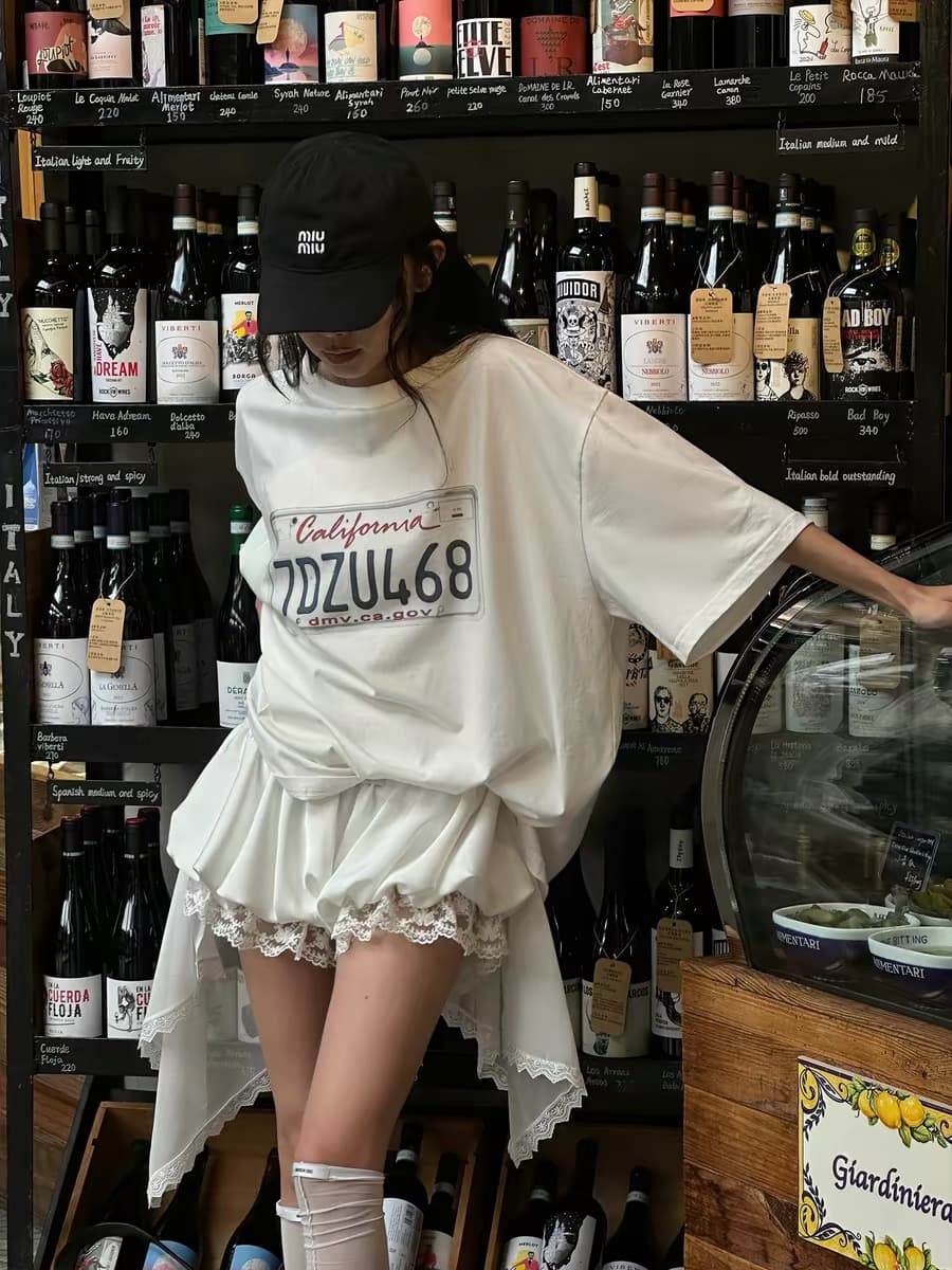 화이트 번호판 프린트 티셔츠 여성 여름 루즈핏 슬림해 보이는 넓은 에디션 반팔 라운드 넥 맨위 이미지 2