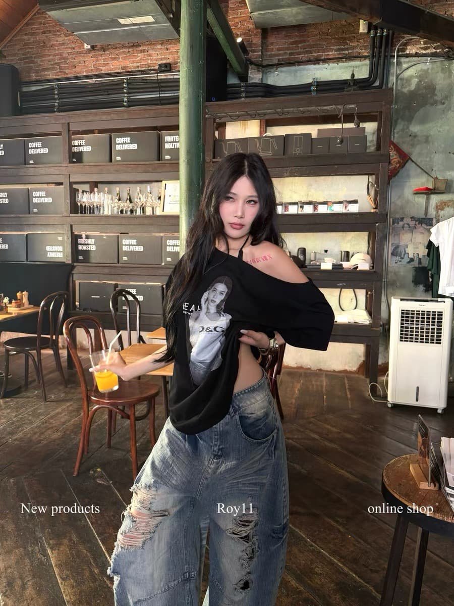 프린트 비스듬한 어깨 t 소매 여성 여름 아메리칸 거리 검정색 핫걸 루즈핏 반팔 맨위 상세 이미지 4