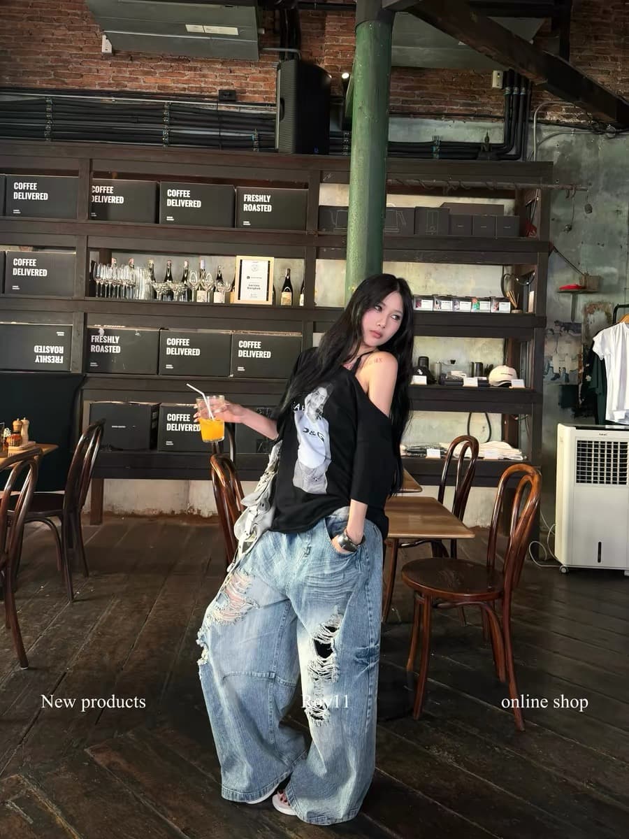 프린트 비스듬한 어깨 t 소매 여성 여름 아메리칸 거리 검정색 핫걸 루즈핏 반팔 맨위 상세 이미지 5