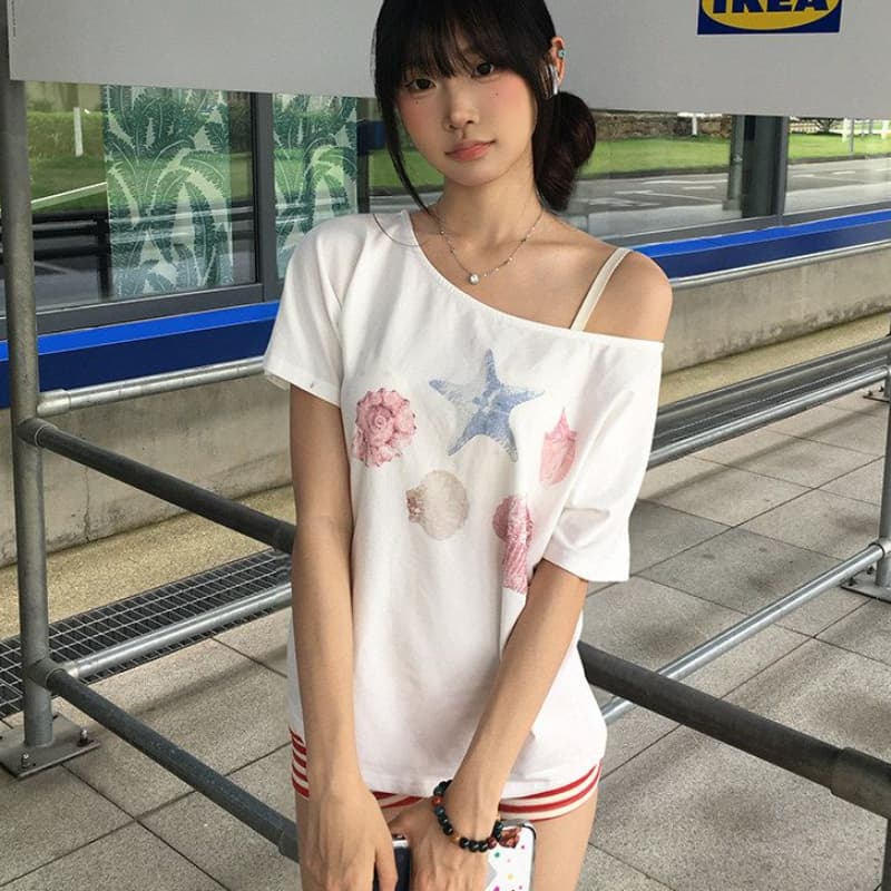 아메리칸 레트로 불가사리 프린트 비스듬한 어깨 반팔 티셔츠 여성 여름 새로운 루즈핏 맨위 상세 이미지 1