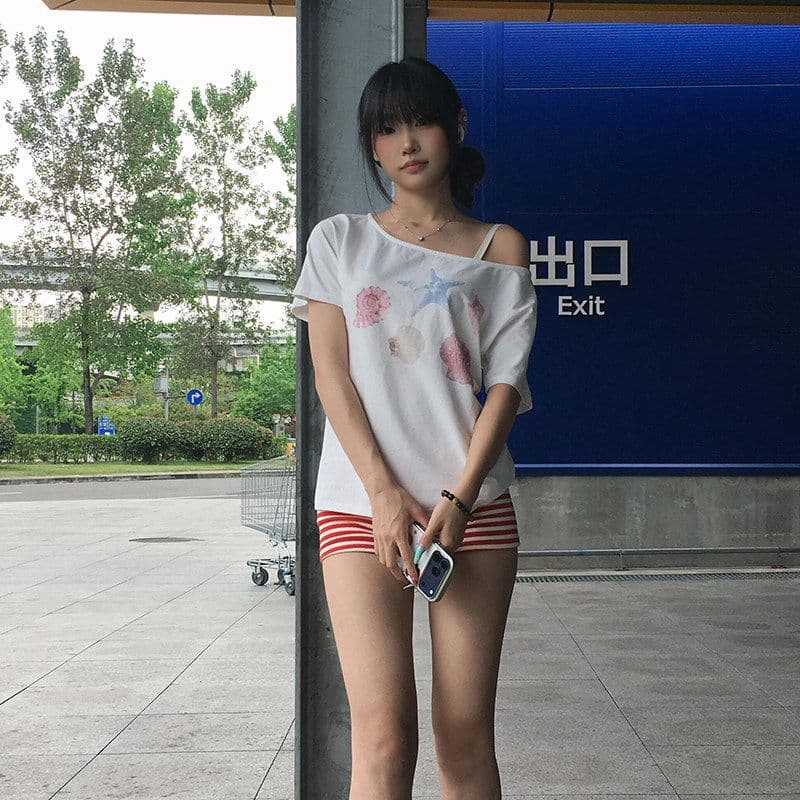아메리칸 레트로 불가사리 프린트 비스듬한 어깨 반팔 티셔츠 여성 여름 새로운 루즈핏 맨위 상세 이미지 3