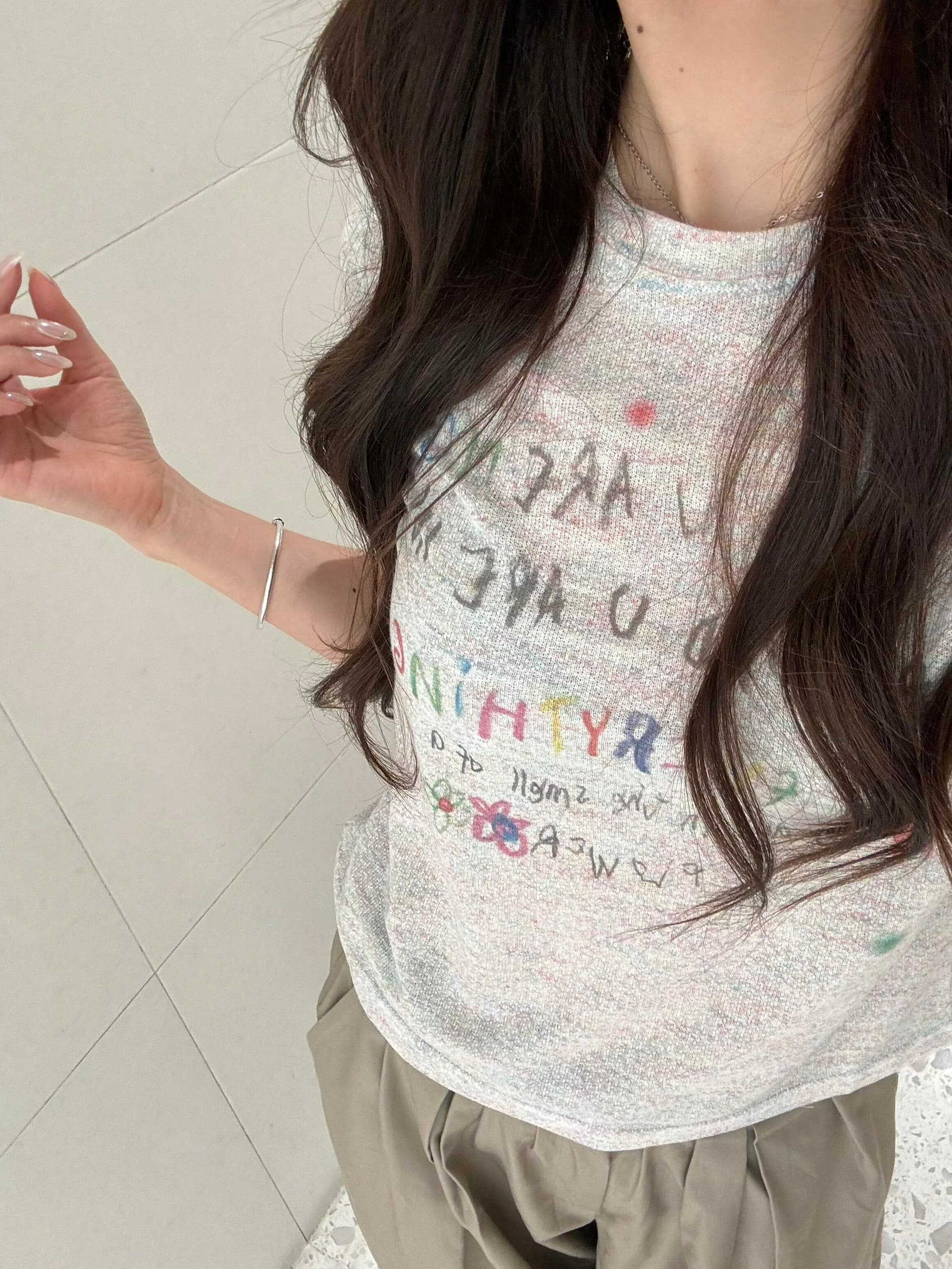 얇은 스타일 통기성 재미있는 낙서 색상 실 맨위 여성 여름 몸매 가꾸기 프린트 반팔 티셔츠 이미지 4