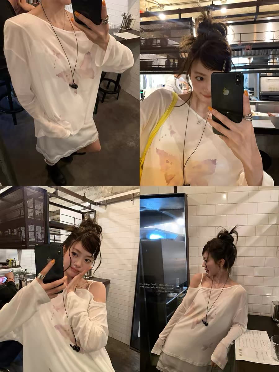 한국 새로운 나비 프린트 오프숄더 긴팔 티셔츠 여성 얇은 스타일 루즈핏 자외선 차단 블라우스 얇은 스타일 상세 이미지 4