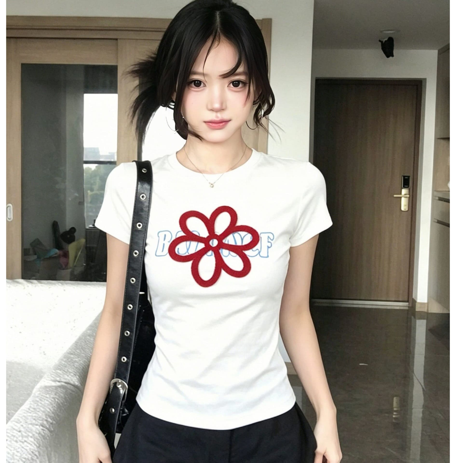 한 부서 화이트 알파벳 프린트 반팔 티셔츠 여성 여름 디자인 센스 자이언트 잘 생긴 몸매 가꾸기 슬림해 보이는 긍정적 인 어깨 라운드 넥 맨위