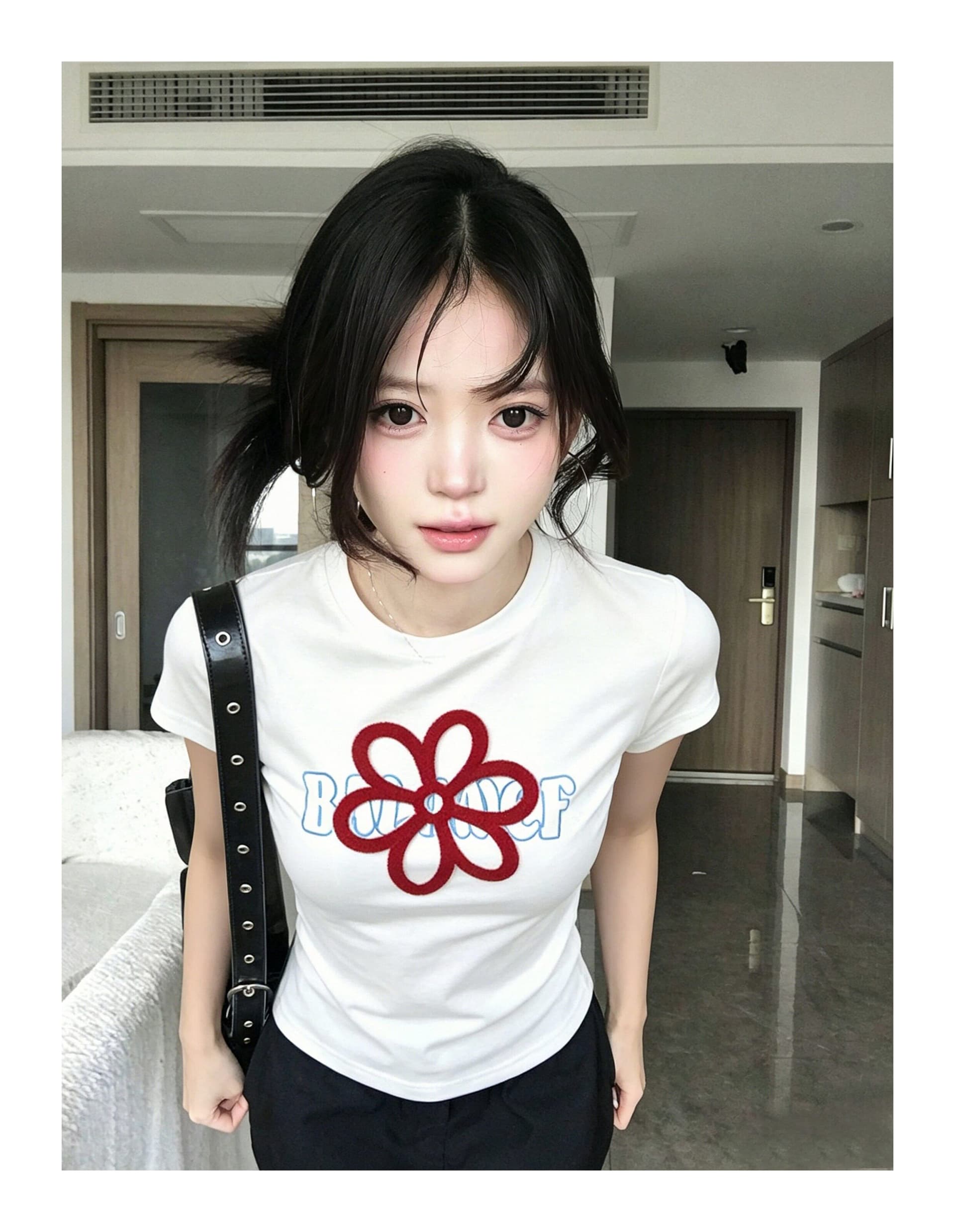 한 부서 화이트 알파벳 프린트 반팔 티셔츠 여성 여름 디자인 센스 자이언트 잘 생긴 몸매 가꾸기 슬림해 보이는 긍정적 인 어깨 라운드 넥 맨위 상세 이미지 2