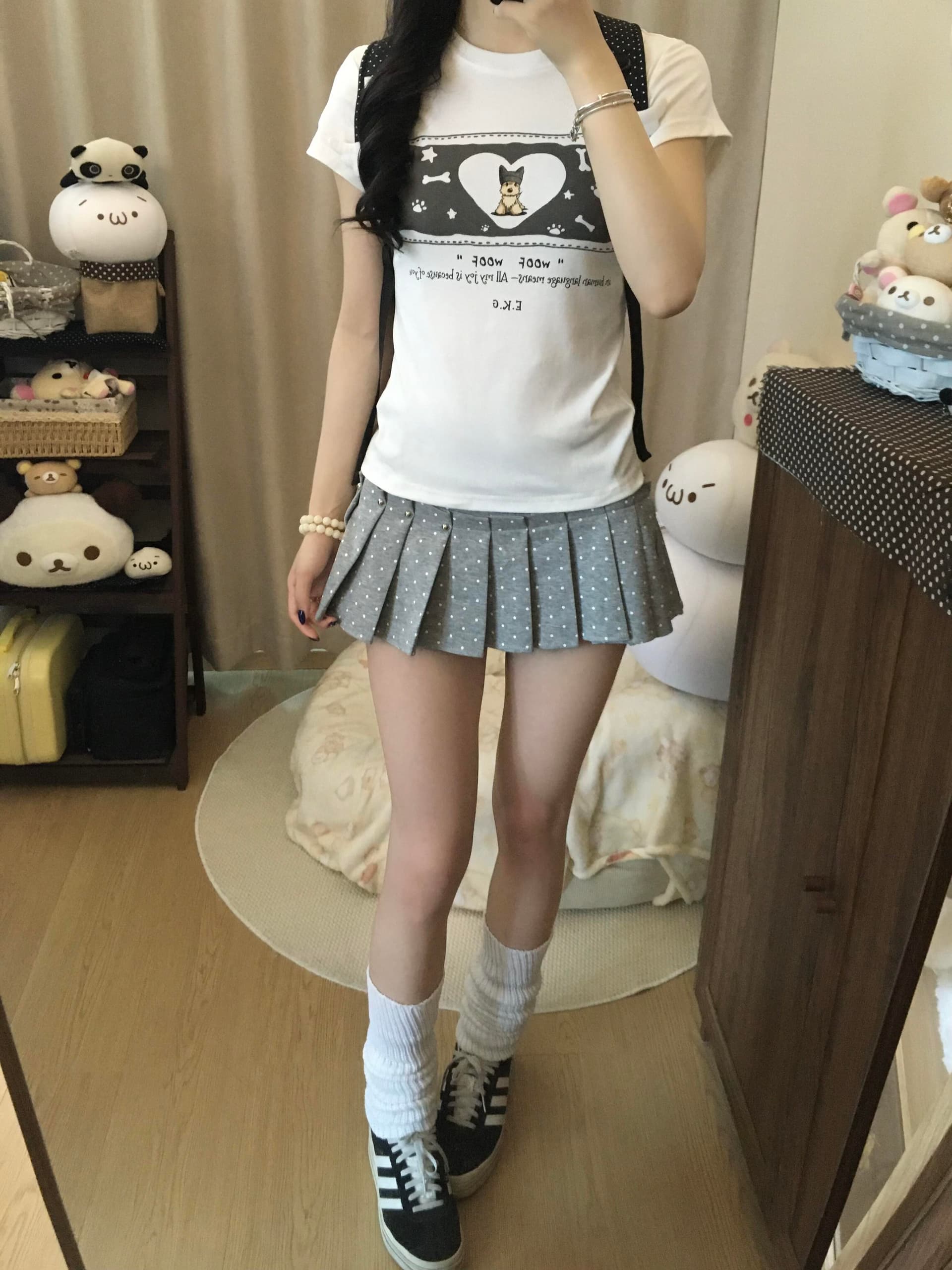 아메리칸 만화 강아지 프린트 라운드 넥 반팔 티셔츠 여성 여름 섹션 몸매 가꾸기 긍정적 인 어깨 화이트 맨위