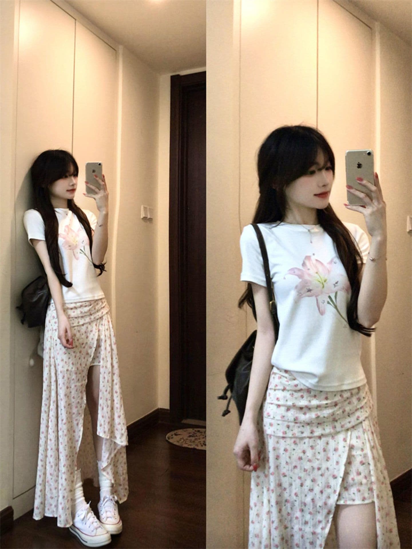한 스타일 캐주얼 식물 꽃무늬 프린트 반팔 티셔츠 여성 미니멀리즘 품격 ins 다용도 몸매 가꾸기 슬림해 보이는 라운드 넥 맨위 상세 이미지 2