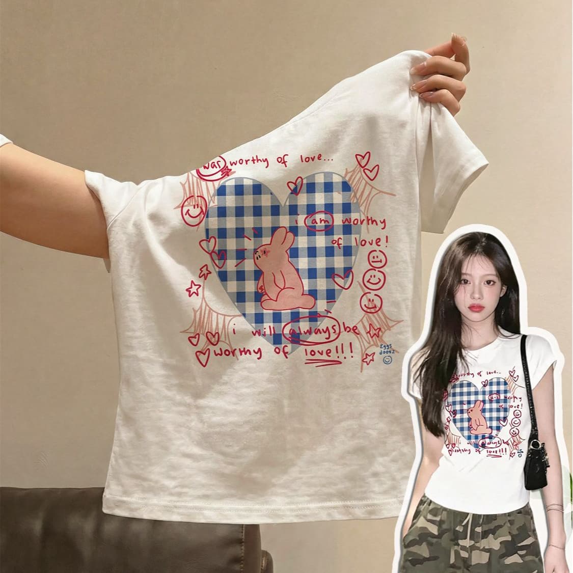 디자인 센스 하트 체크무늬 알파벳 몸매 가꾸기 반팔 티셔츠 여성 여름 아메리칸 레트로 다용도 긍정적 인 어깨 몸매 가꾸기 맨위 상세 이미지 1