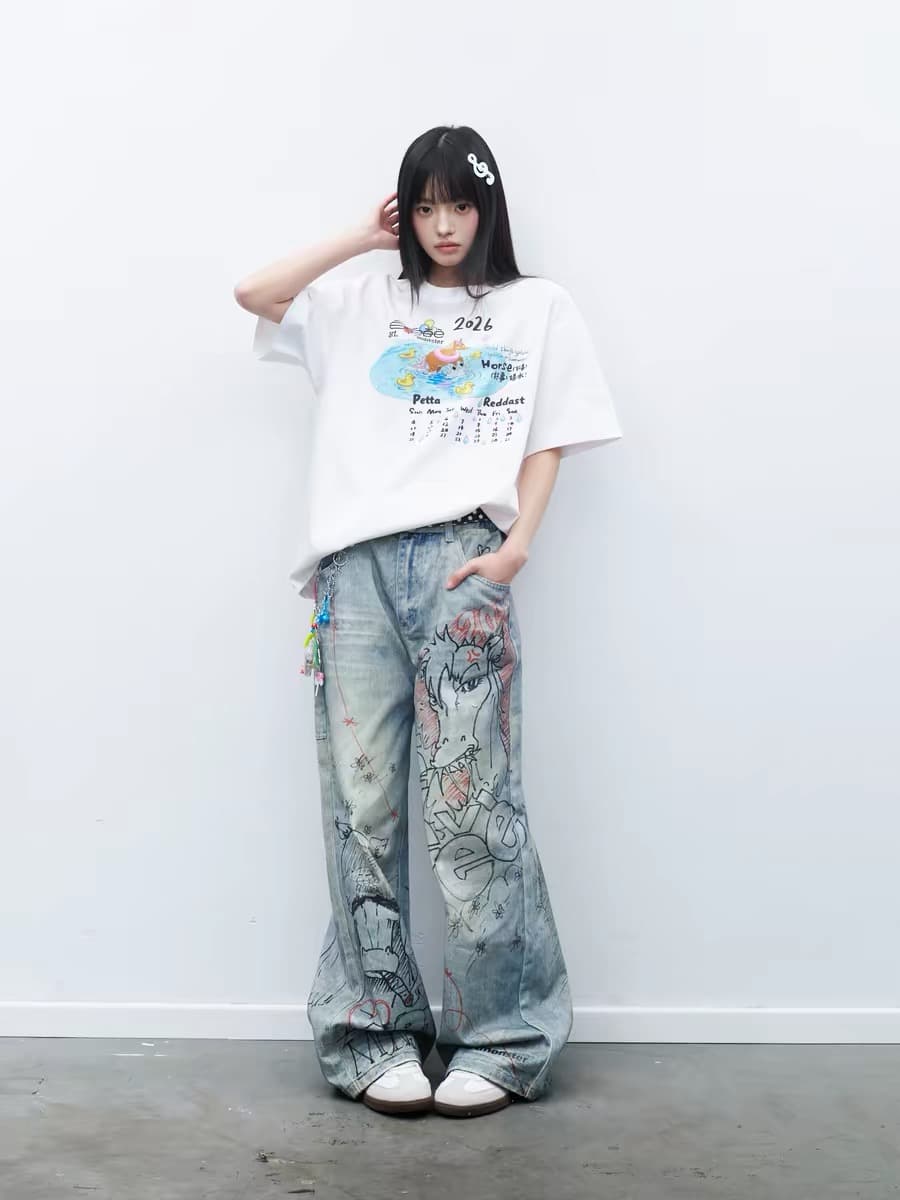 좋은 것 캘린더 오리지널 만화 캘린더 프린트 반팔 루즈핏 커플룩 캐주얼 티셔츠 여름 이미지 2
