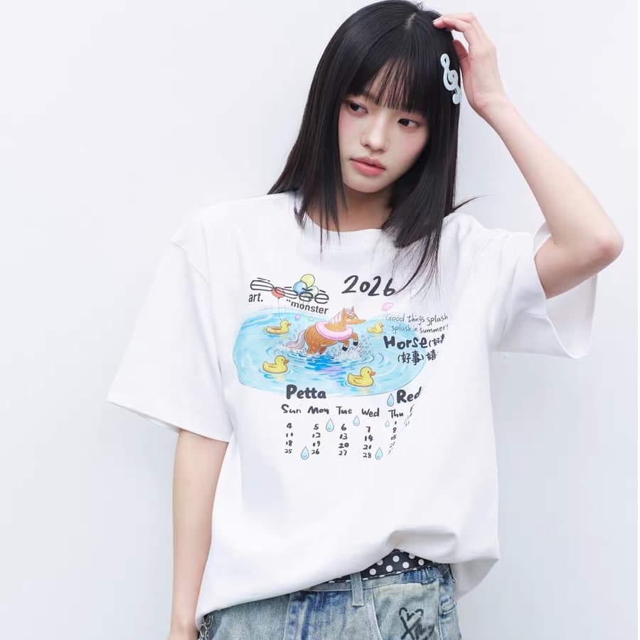 좋은 것 캘린더 오리지널 만화 캘린더 프린트 반팔 루즈핏 커플룩 캐주얼 티셔츠 여름 상세 이미지 1