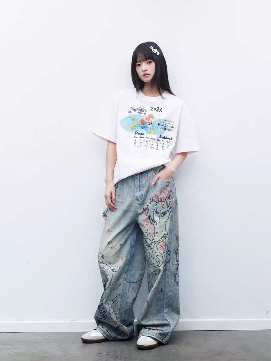 좋은 것 캘린더 오리지널 만화 캘린더 프린트 반팔 루즈핏 커플룩 캐주얼 티셔츠 여름 상세 이미지 3
