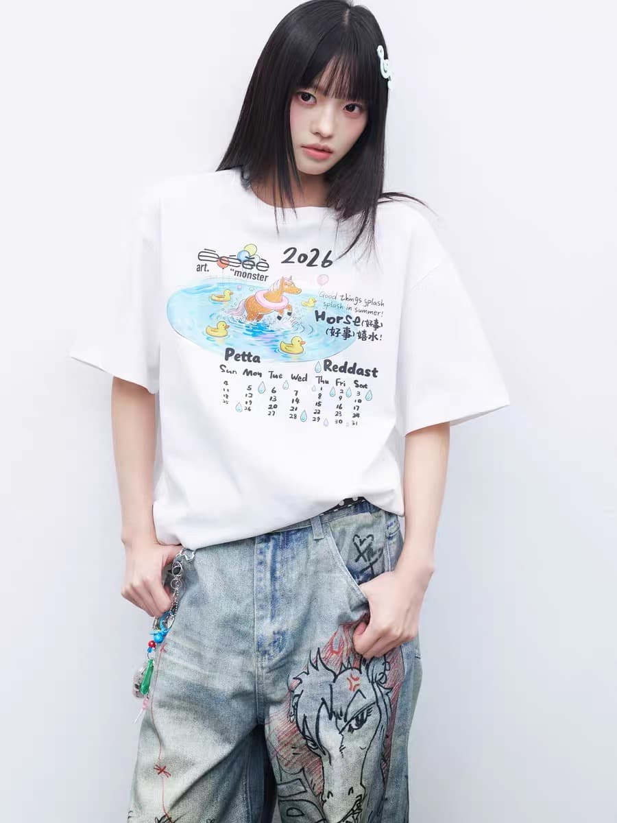 좋은 것 캘린더 오리지널 만화 캘린더 프린트 반팔 루즈핏 커플룩 캐주얼 티셔츠 여름 상세 이미지 4