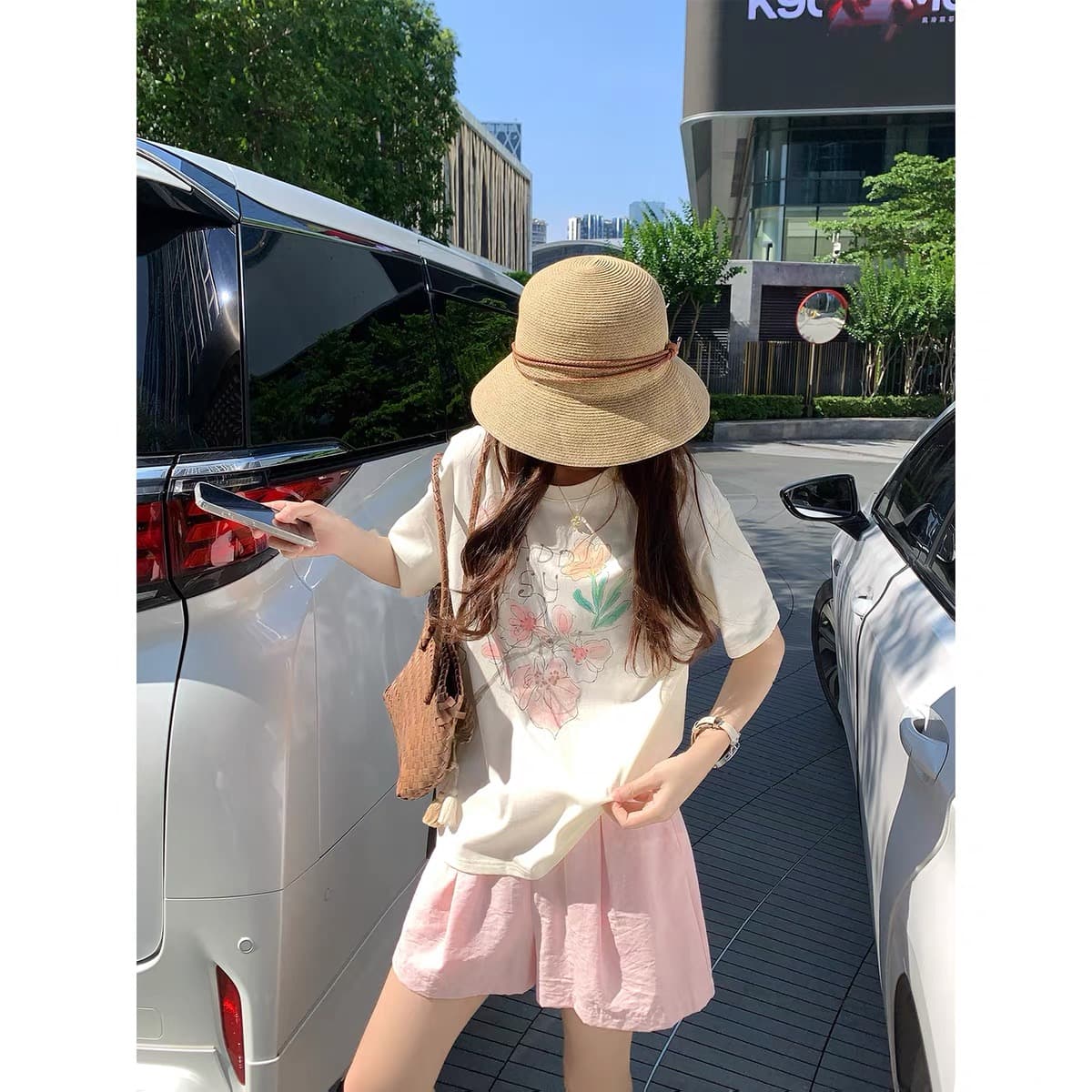 작은 대중 디자인 센스 티셔츠 반팔 여성 여름 한 부서 슈퍼 화재 연령 감소 수채화 프린트 슬림해 보이는 긍정적 인 어깨 라운드 넥 맨위 이미지 4