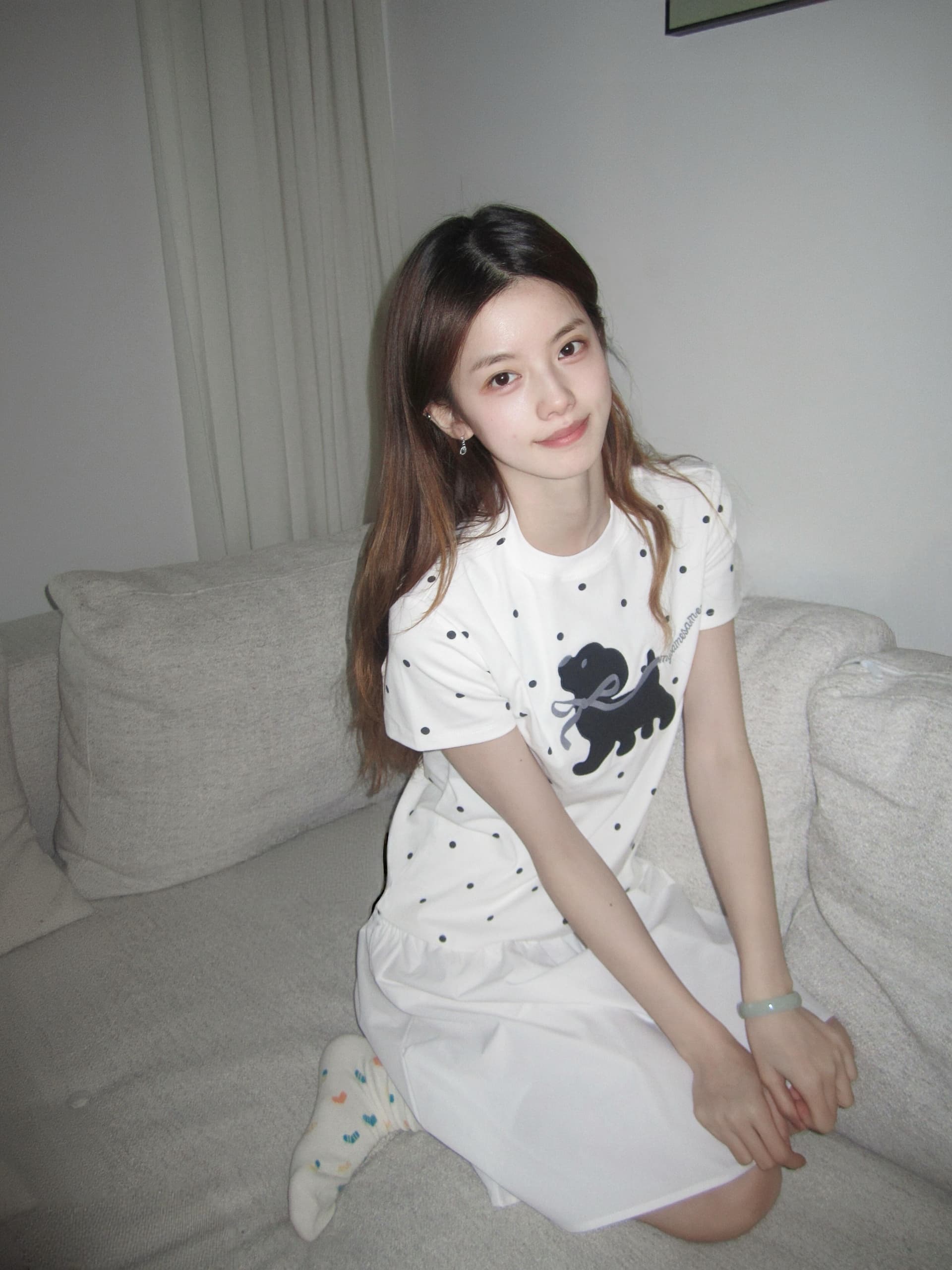 한 부서 도트 무늬 나비 리본 강아지 프린트 긍정적 인 어깨 반팔 티셔츠 여성 여름 다용도 슬림해 보이는 학원 스타일 맨위 이미지 2