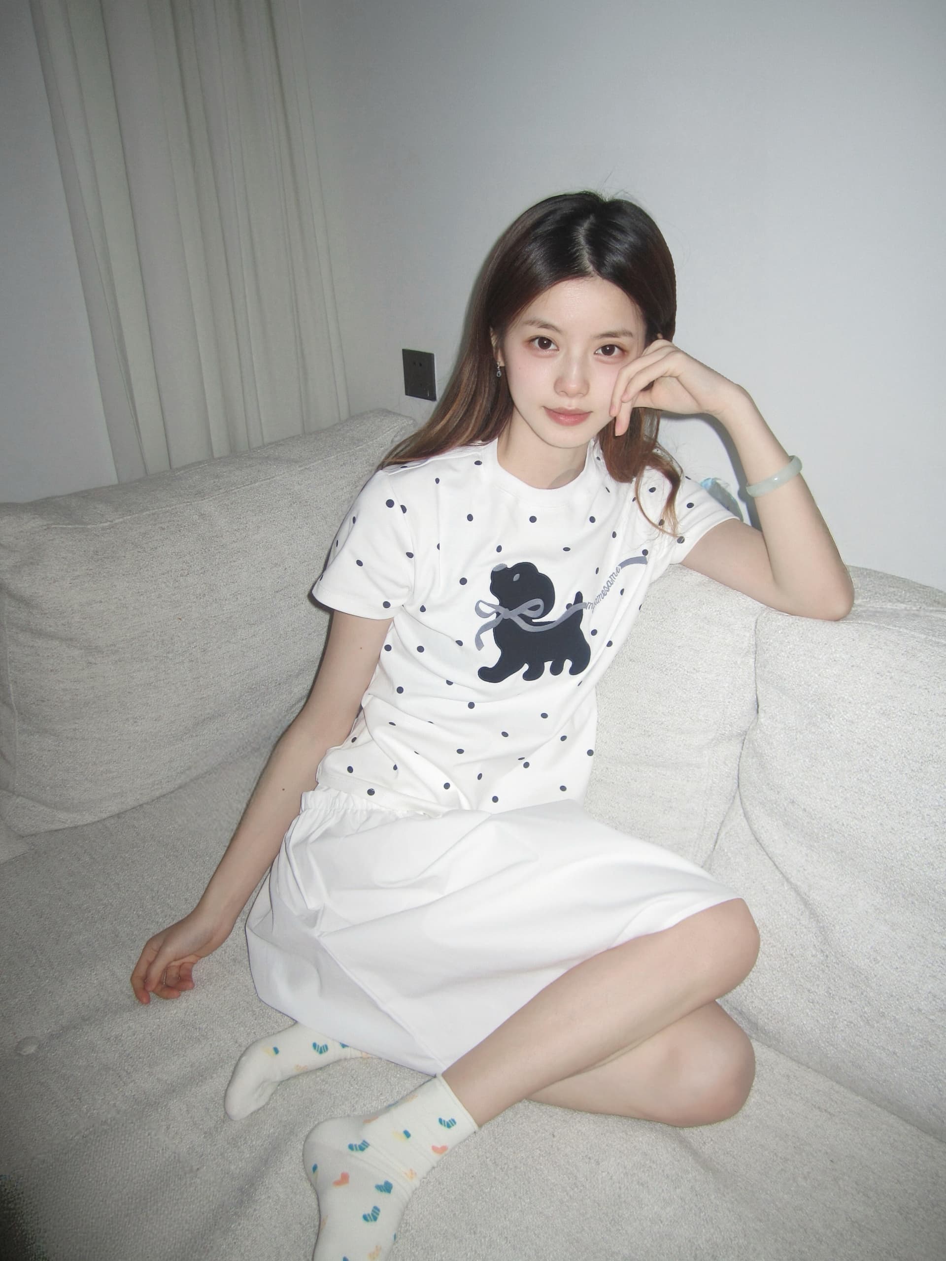 한 부서 도트 무늬 나비 리본 강아지 프린트 긍정적 인 어깨 반팔 티셔츠 여성 여름 다용도 슬림해 보이는 학원 스타일 맨위
