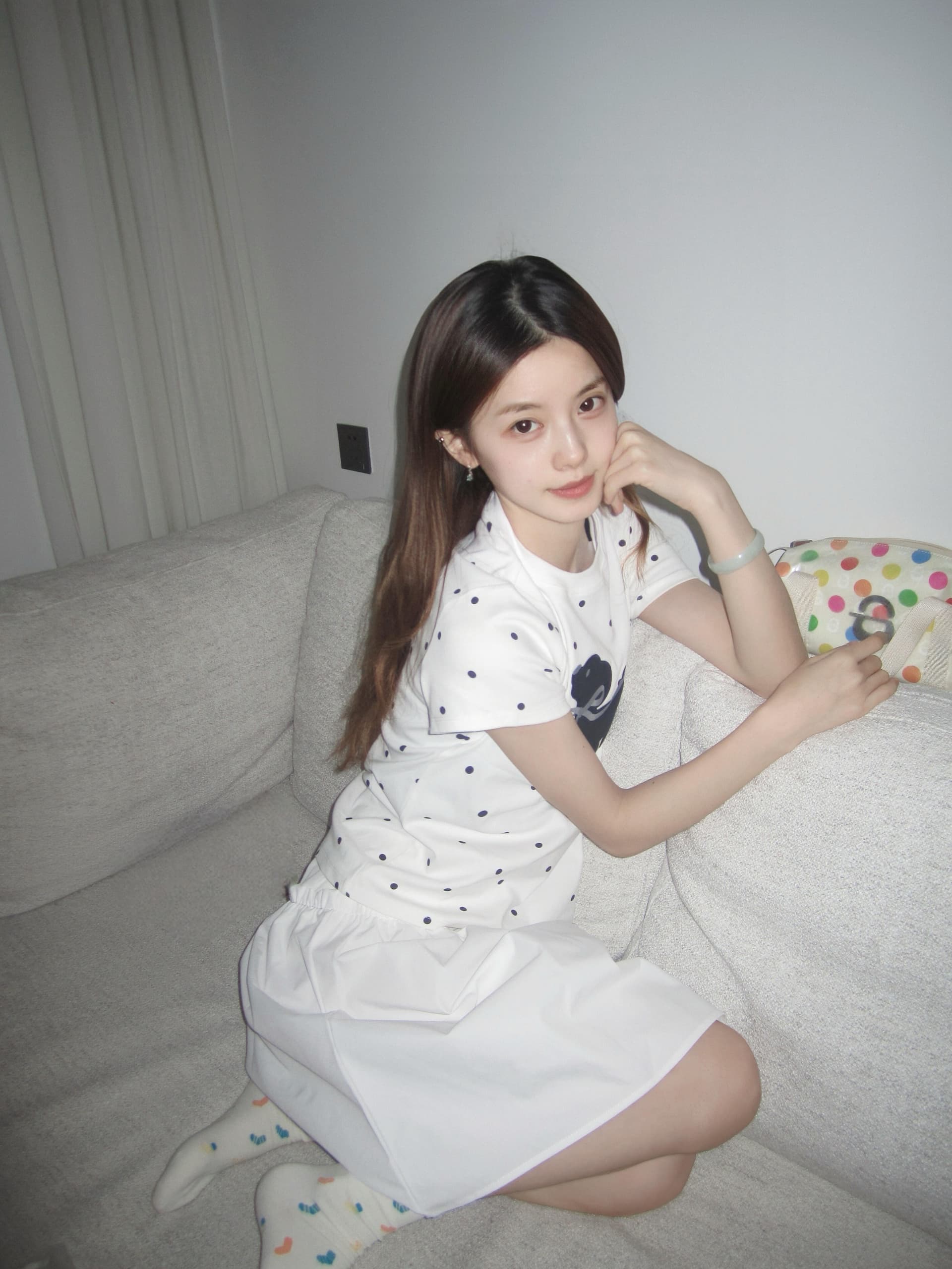 한 부서 도트 무늬 나비 리본 강아지 프린트 긍정적 인 어깨 반팔 티셔츠 여성 여름 다용도 슬림해 보이는 학원 스타일 맨위 상세 이미지 4