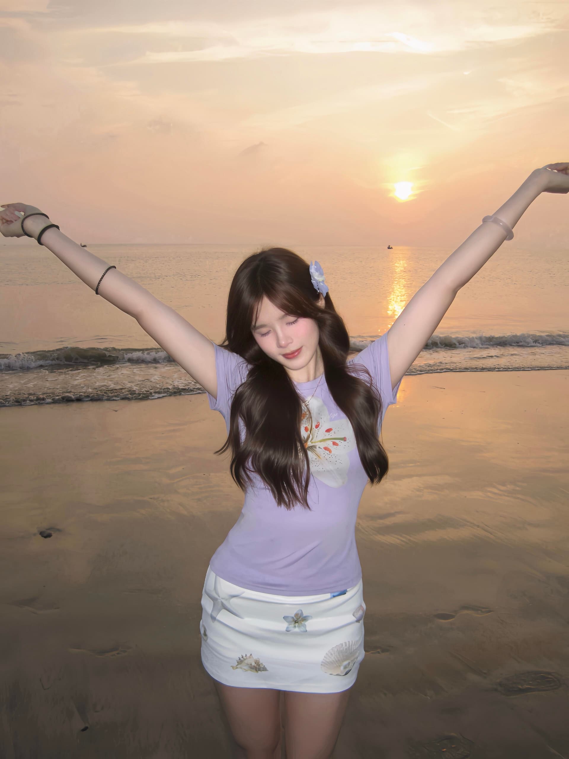 핫걸 바람 긍정적 인 어깨 반팔 티셔츠 여성 여름 꽃무늬 프린트 몸매 가꾸기 슬림해 보이는 도파민 착용 가져 가라. 보라색 맨위 트렌디 이미지 2