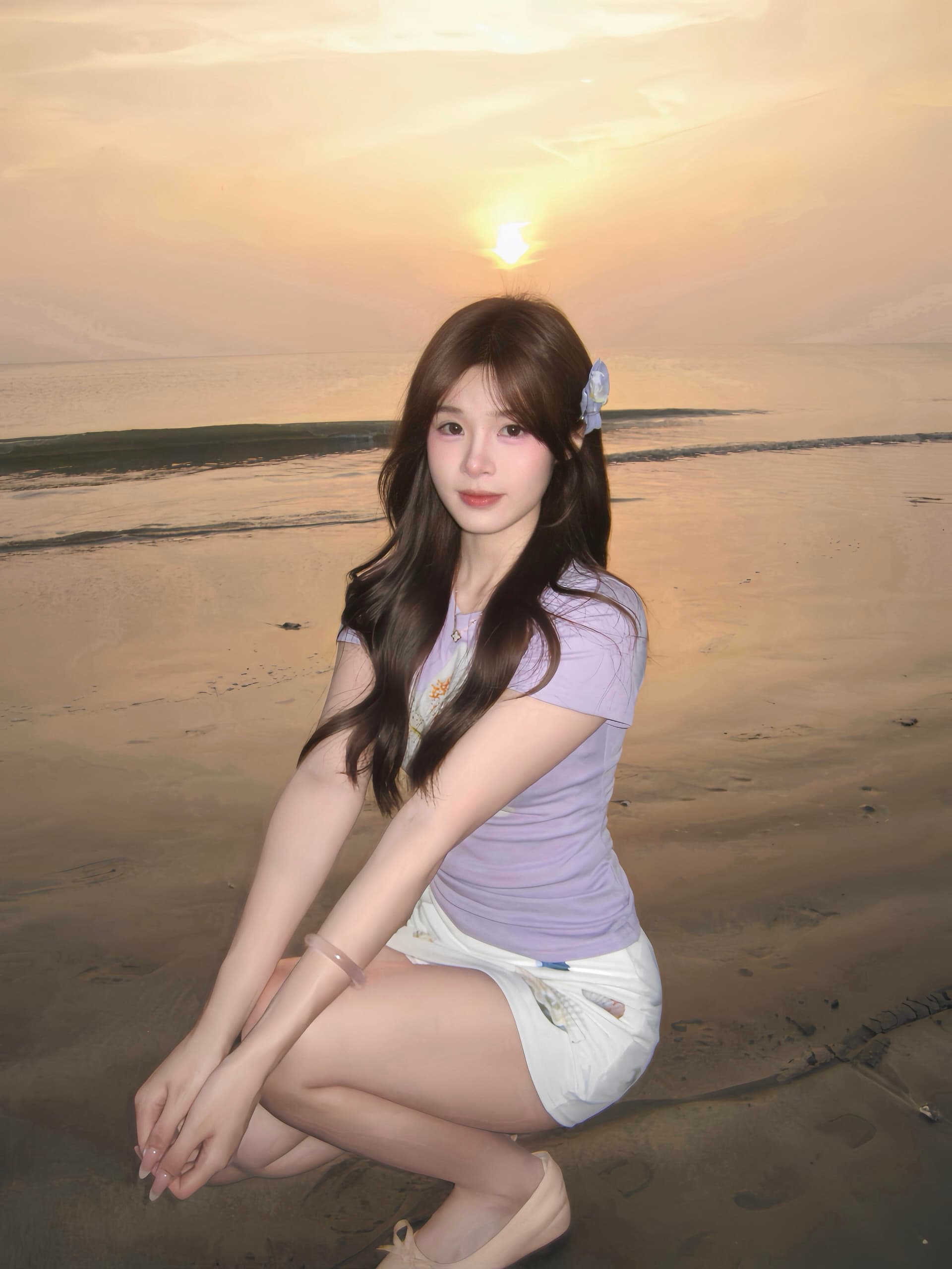 핫걸 바람 긍정적 인 어깨 반팔 티셔츠 여성 여름 꽃무늬 프린트 몸매 가꾸기 슬림해 보이는 도파민 착용 가져 가라. 보라색 맨위 트렌디 이미지 4