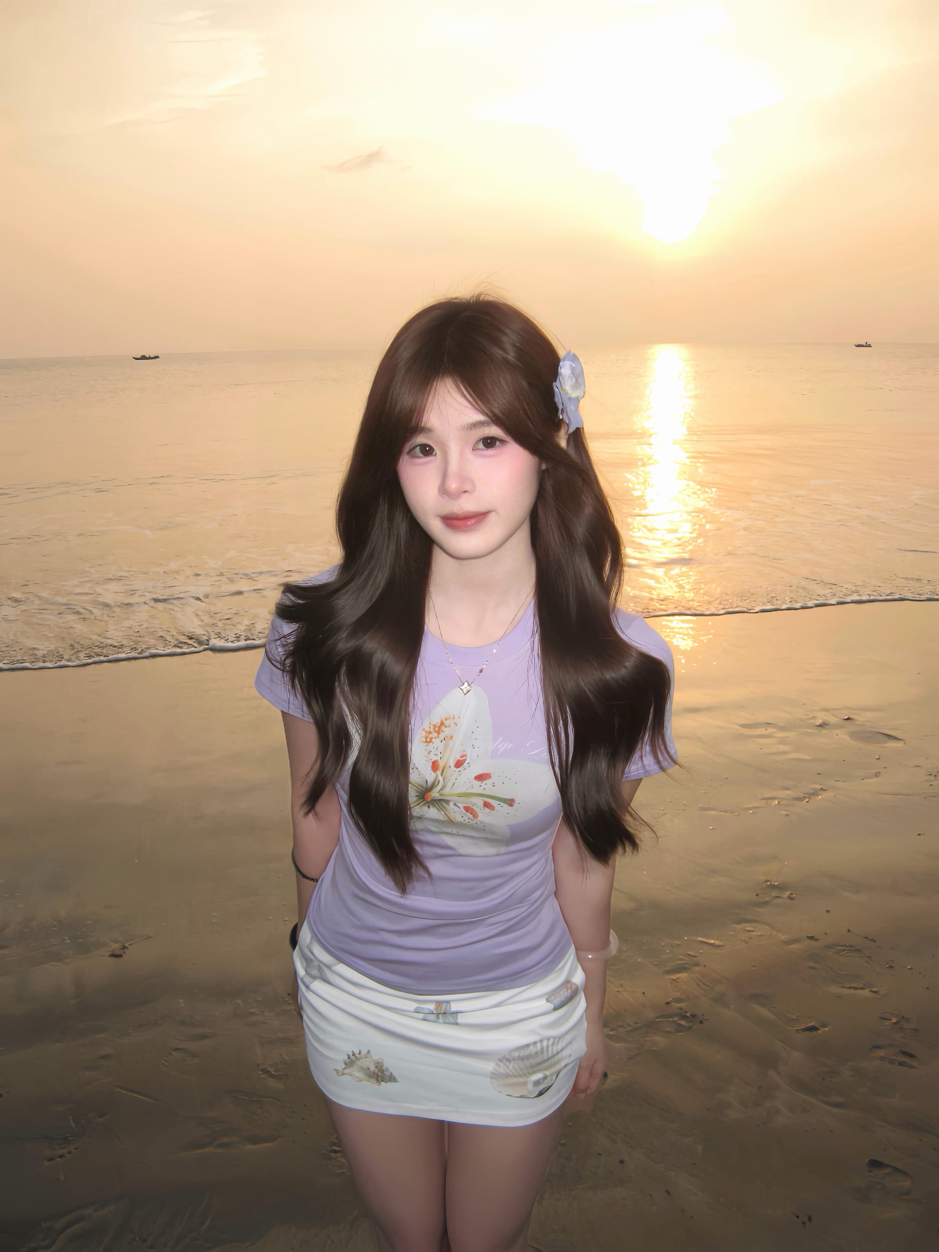 핫걸 바람 긍정적 인 어깨 반팔 티셔츠 여성 여름 꽃무늬 프린트 몸매 가꾸기 슬림해 보이는 도파민 착용 가져 가라. 보라색 맨위 트렌디 상세 이미지 1