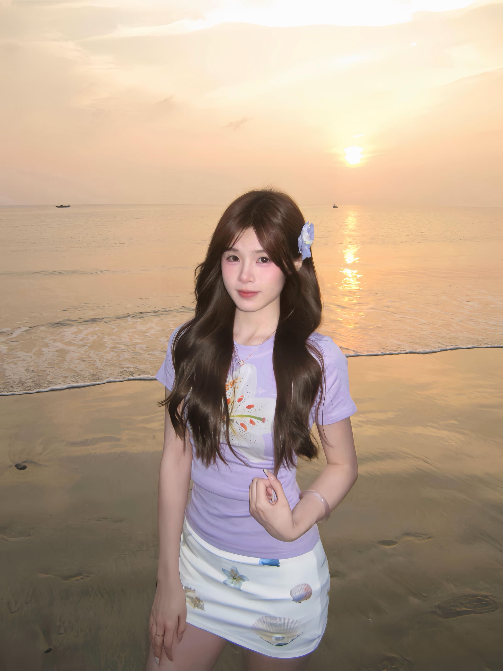 핫걸 바람 긍정적 인 어깨 반팔 티셔츠 여성 여름 꽃무늬 프린트 몸매 가꾸기 슬림해 보이는 도파민 착용 가져 가라. 보라색 맨위 트렌디 상세 이미지 2