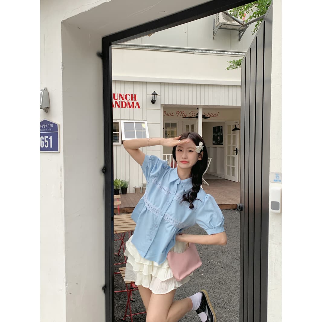 프랑스식 작은 대중 레이스 패치워크 파란색 맨위 여성 2026 여름 작은 청신 달콤함 Chic 반팔 셔츠 상세 이미지 4