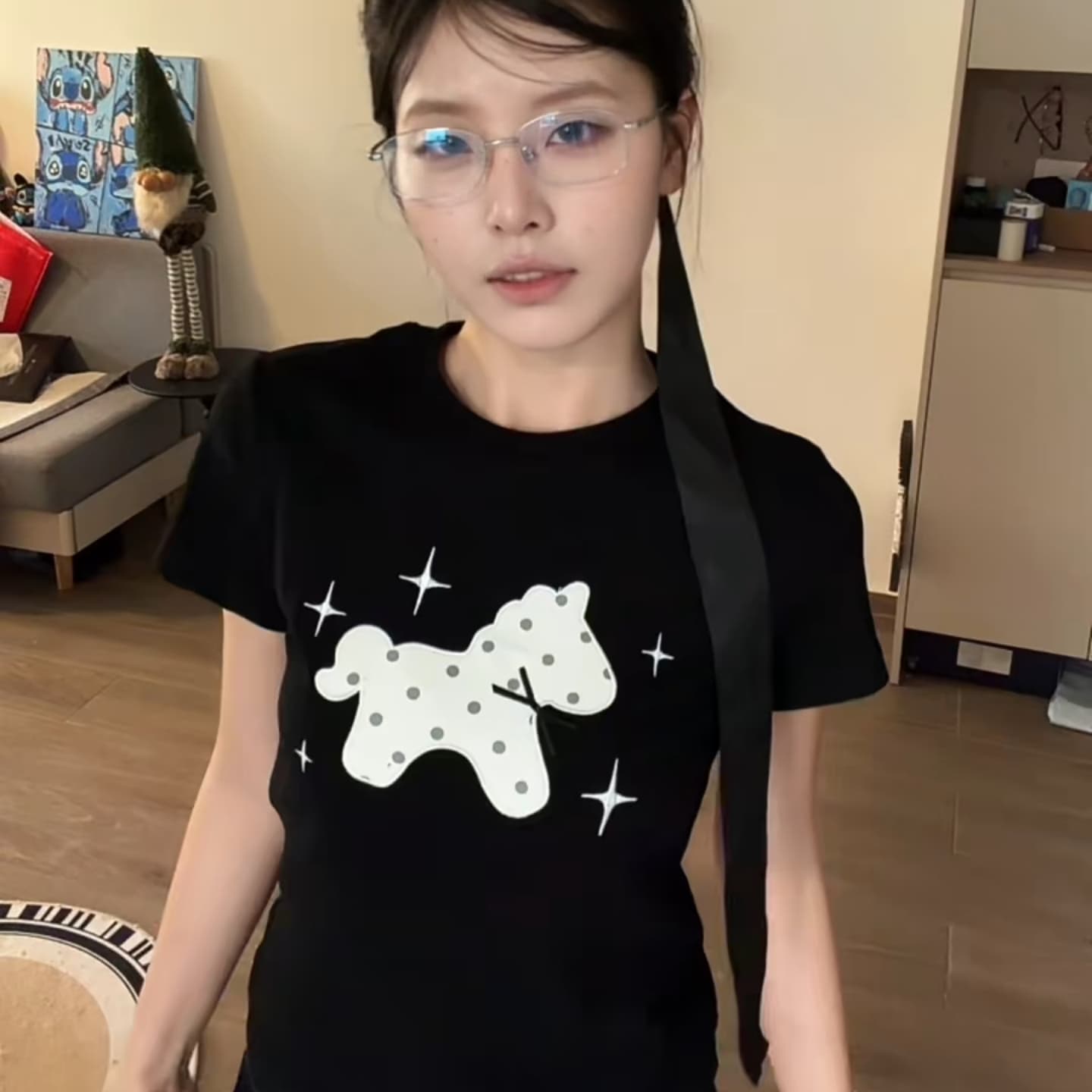 한 부서 레트로 도트 무늬 작은 말 프린트 반팔 티셔츠 여성 여름 몸매 가꾸기 작은 키 슬림해 보이는 다용도 맨위 상세 이미지 1