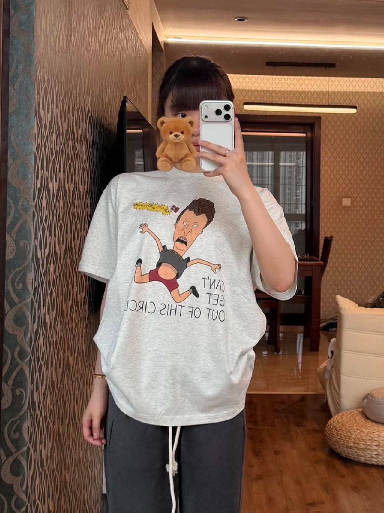 레트로 작은 대중 재미있는 만화 프린트 느긋한 루즈핏 순면 편안함 반팔 티셔츠 여성 여름 아메리칸 학원 맨위 상세 이미지 4