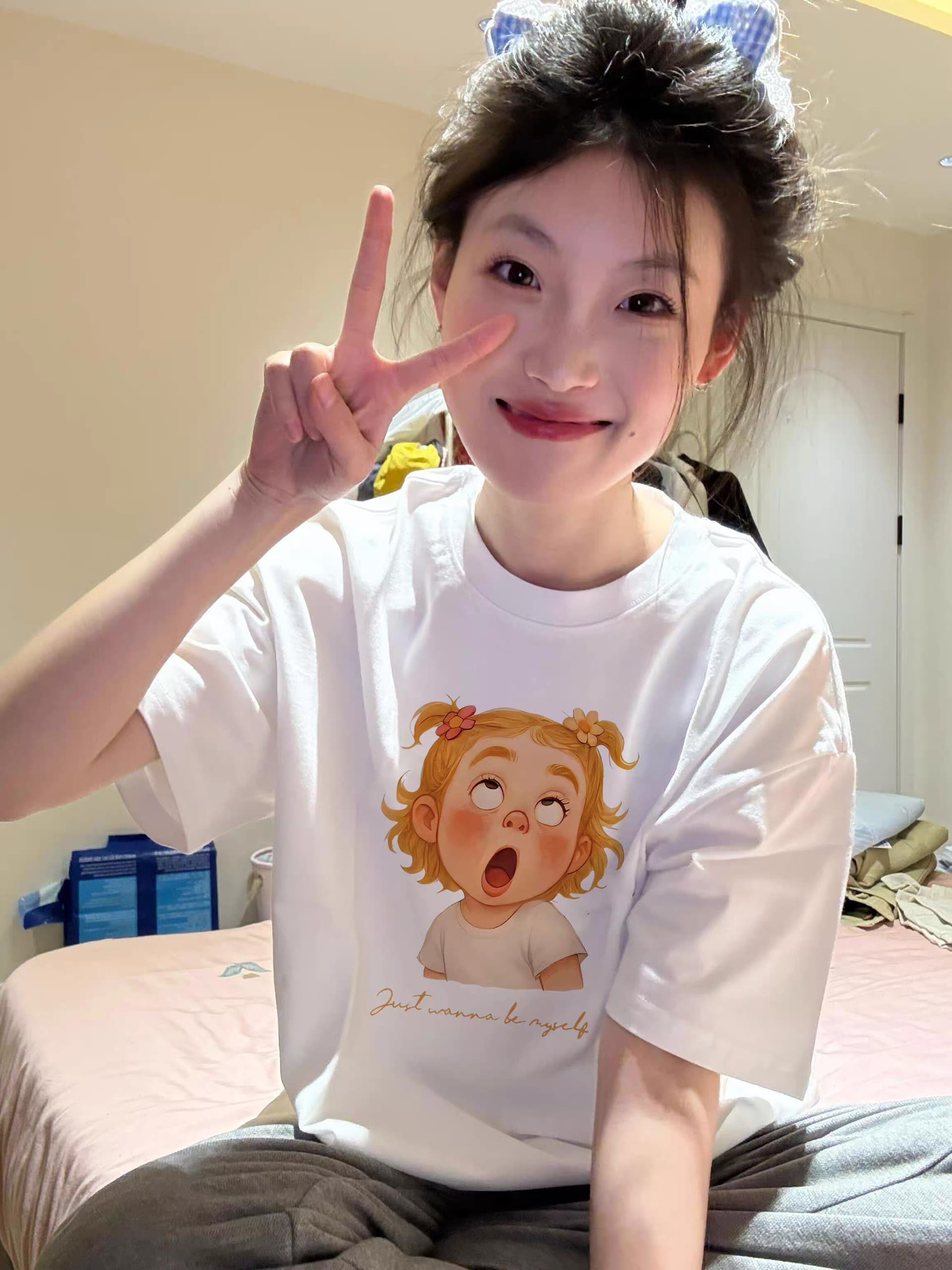 아메리칸 만화 바람 화이트 반팔 티셔츠 여성 여름 루즈핏 디자인 센스 작은 대중 라운드 넥 맨위 이미지 4