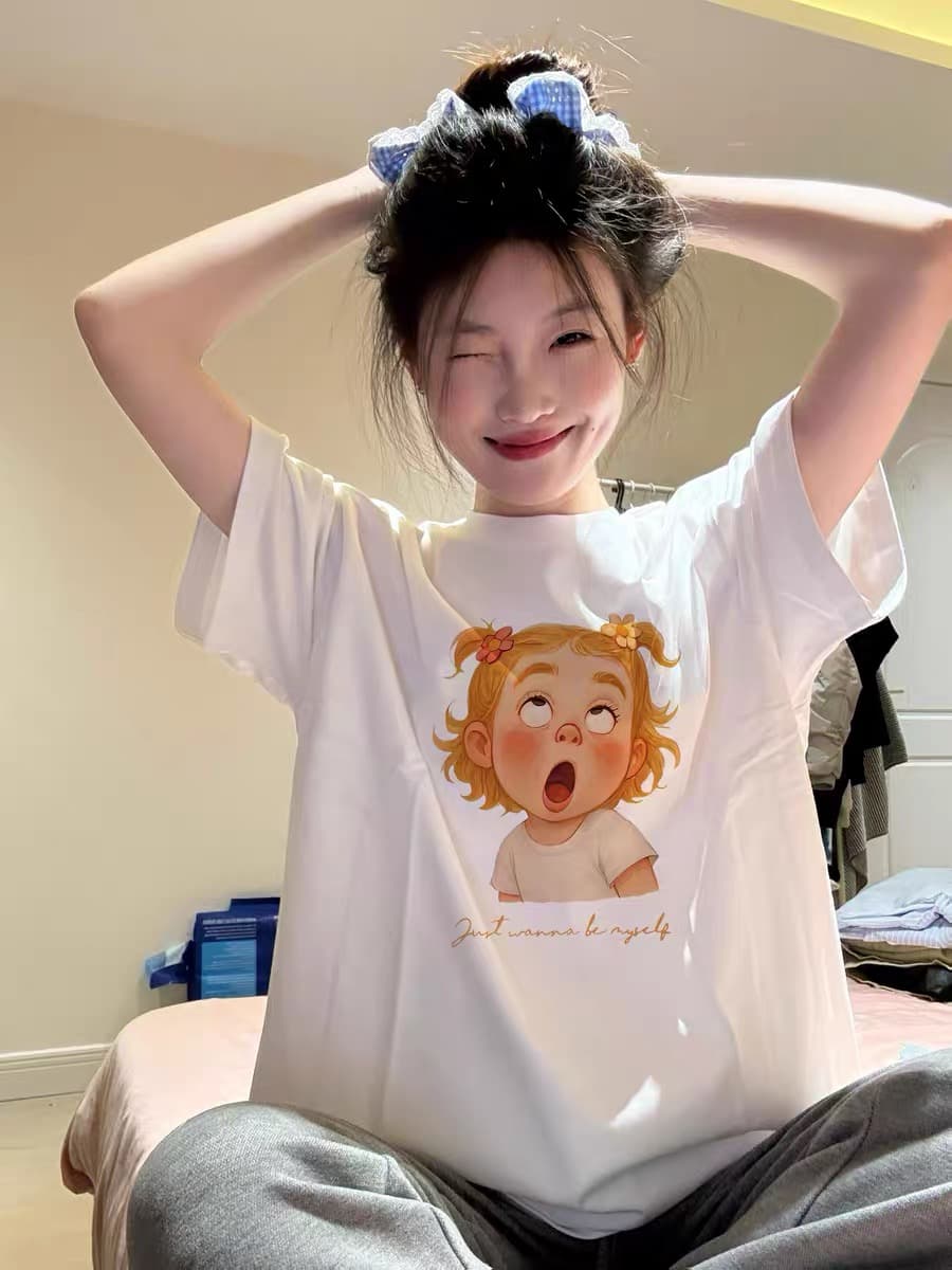 아메리칸 만화 바람 화이트 반팔 티셔츠 여성 여름 루즈핏 디자인 센스 작은 대중 라운드 넥 맨위 이미지 3