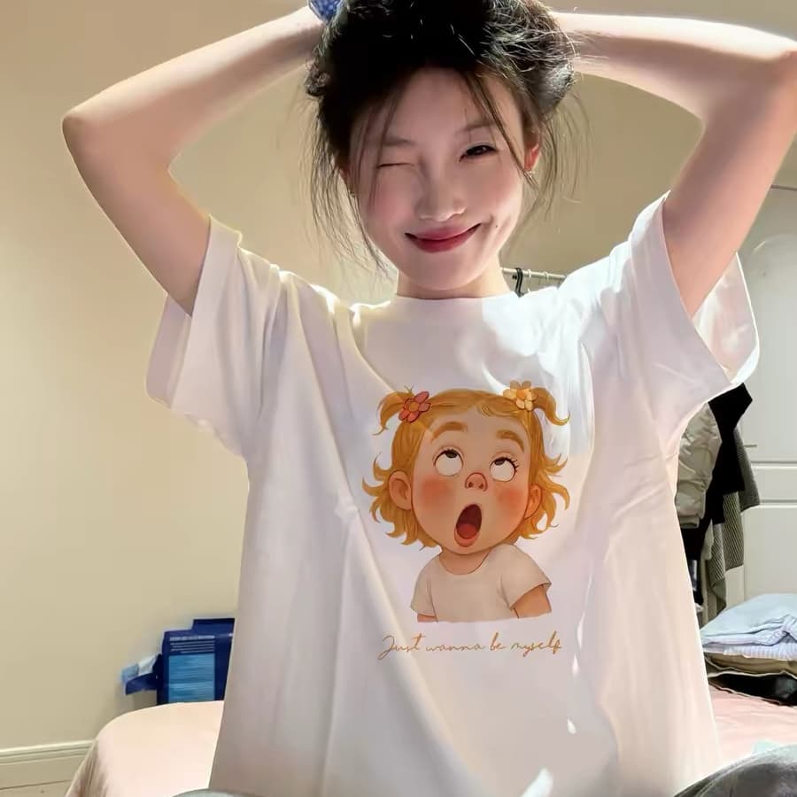 아메리칸 만화 바람 화이트 반팔 티셔츠 여성 여름 루즈핏 디자인 센스 작은 대중 라운드 넥 맨위 상세 이미지 1