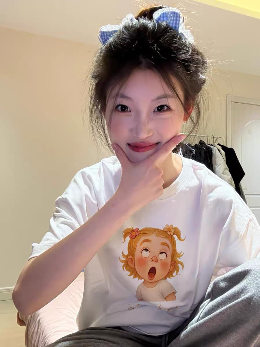 아메리칸 만화 바람 화이트 반팔 티셔츠 여성 여름 루즈핏 디자인 센스 작은 대중 라운드 넥 맨위 상세 이미지 2