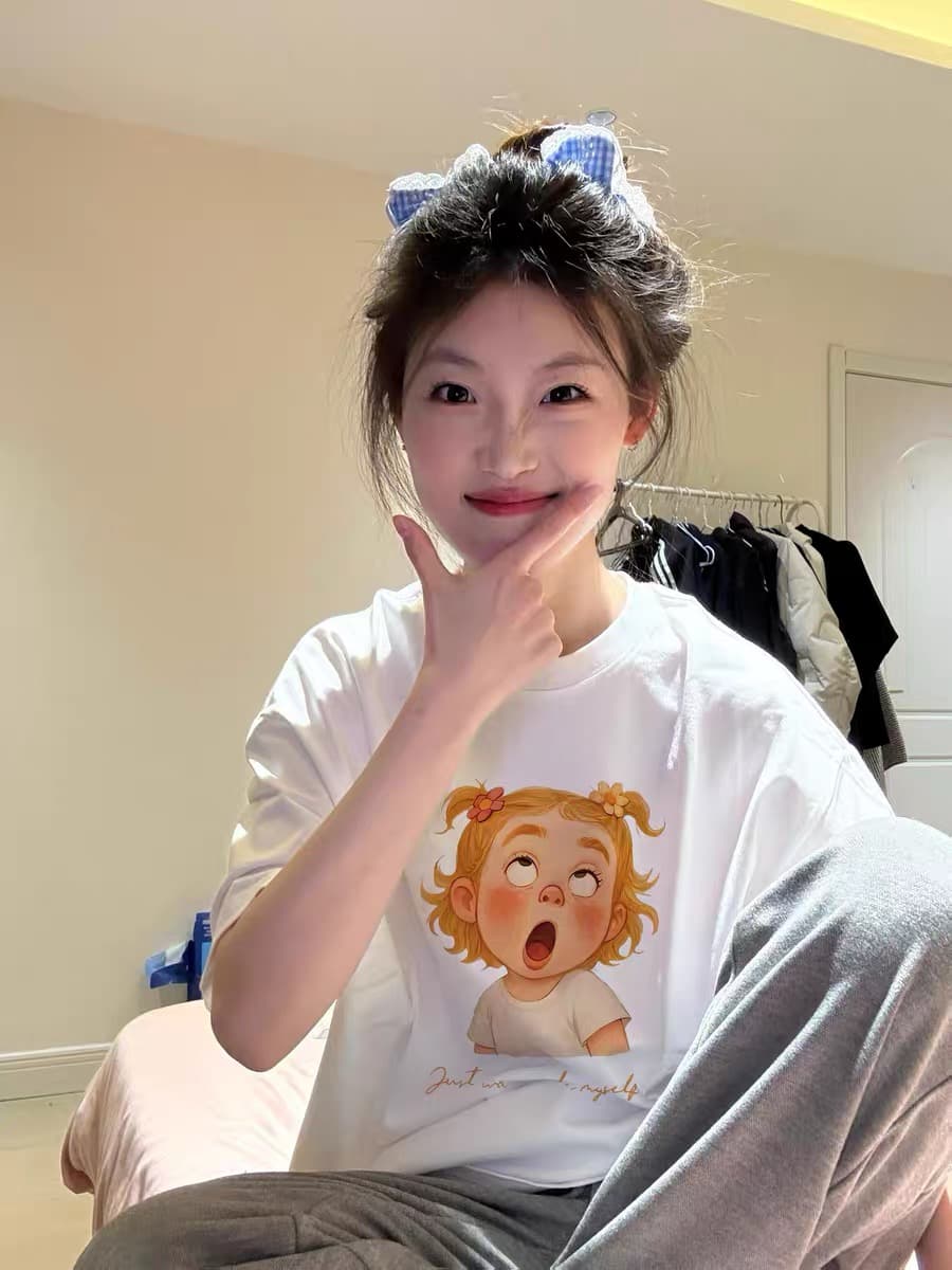 아메리칸 만화 바람 화이트 반팔 티셔츠 여성 여름 루즈핏 디자인 센스 작은 대중 라운드 넥 맨위 상세 이미지 3