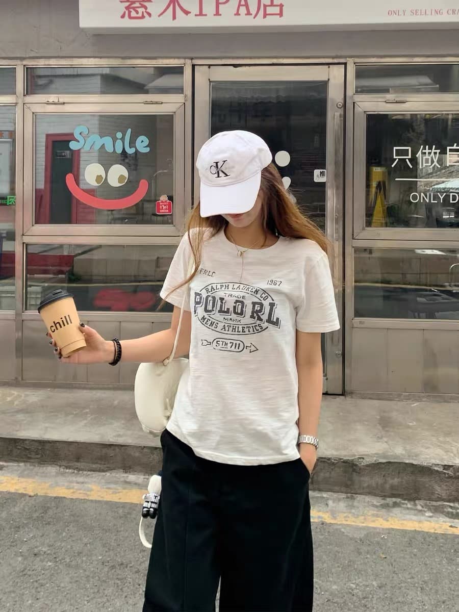 레트로 프린트 라운드 넥 반팔 티셔츠 여성 여름 순면 캐주얼 슬림해 보이는 다용도 반소매 맨위 상세 이미지 2