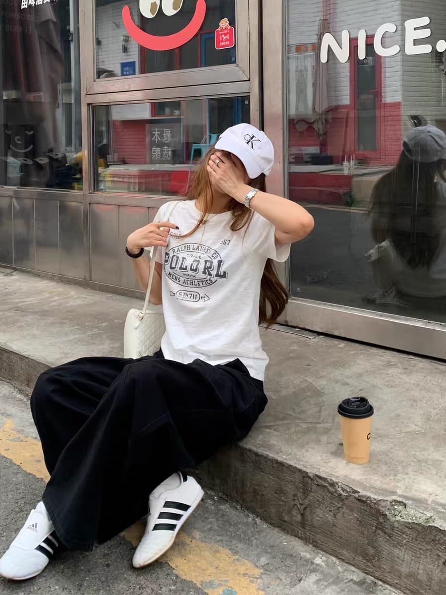 레트로 프린트 라운드 넥 반팔 티셔츠 여성 여름 순면 캐주얼 슬림해 보이는 다용도 반소매 맨위 상세 이미지 3