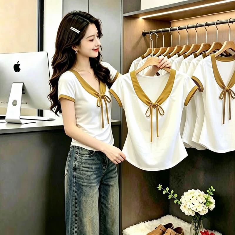 부드러운 달콤한 스타일 나비 넥타이 반팔 티셔츠 여성 여름 새로운 배색 V넥 디자인 센스 연령 감소 맨위 트렌디 이미지 4