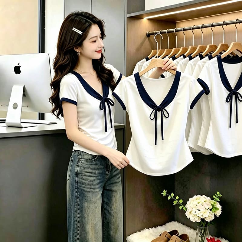 부드러운 달콤한 스타일 나비 넥타이 반팔 티셔츠 여성 여름 새로운 배색 V넥 디자인 센스 연령 감소 맨위 트렌디 이미지 3