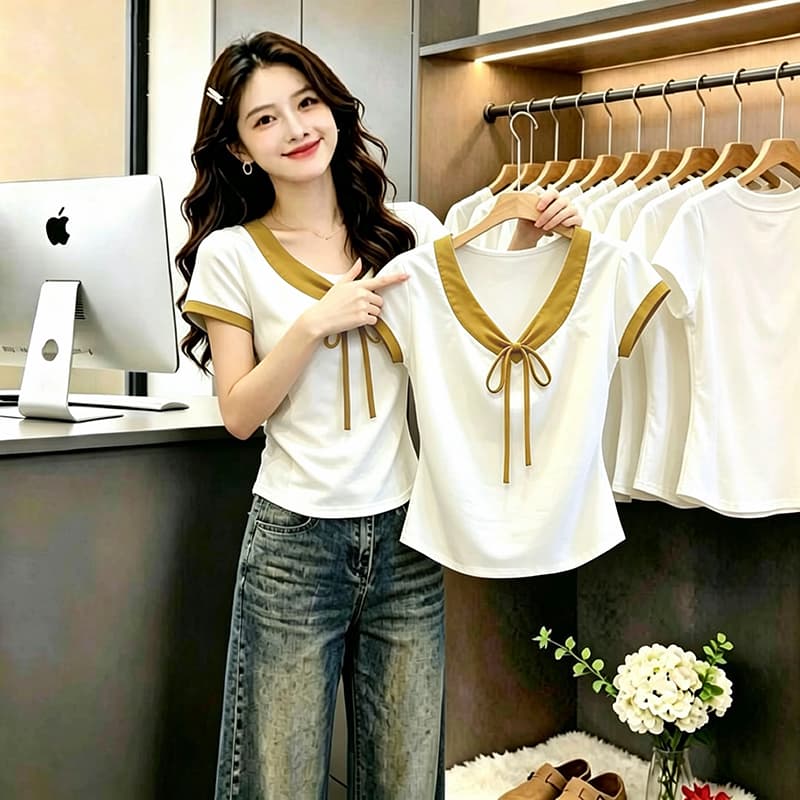 부드러운 달콤한 스타일 나비 넥타이 반팔 티셔츠 여성 여름 새로운 배색 V넥 디자인 센스 연령 감소 맨위 트렌디 상세 이미지 2