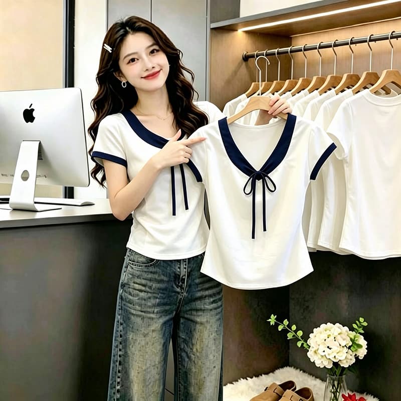 부드러운 달콤한 스타일 나비 넥타이 반팔 티셔츠 여성 여름 새로운 배색 V넥 디자인 센스 연령 감소 맨위 트렌디 상세 이미지 4